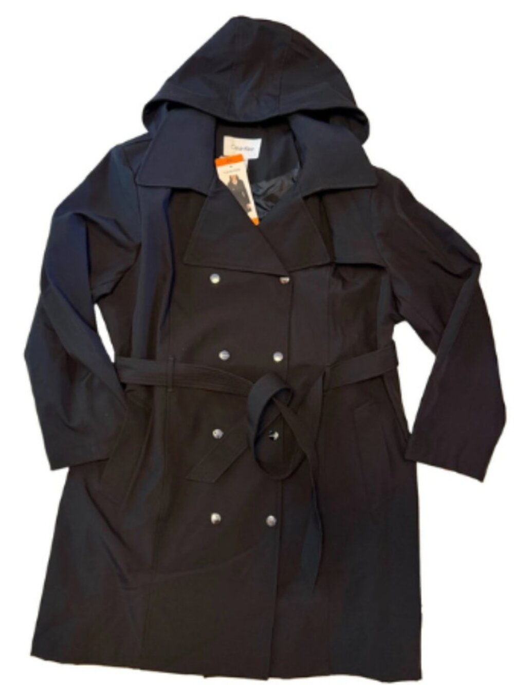 NWT Calvin Klein Double Breasted Hooded Trench Coat Women XXL Black